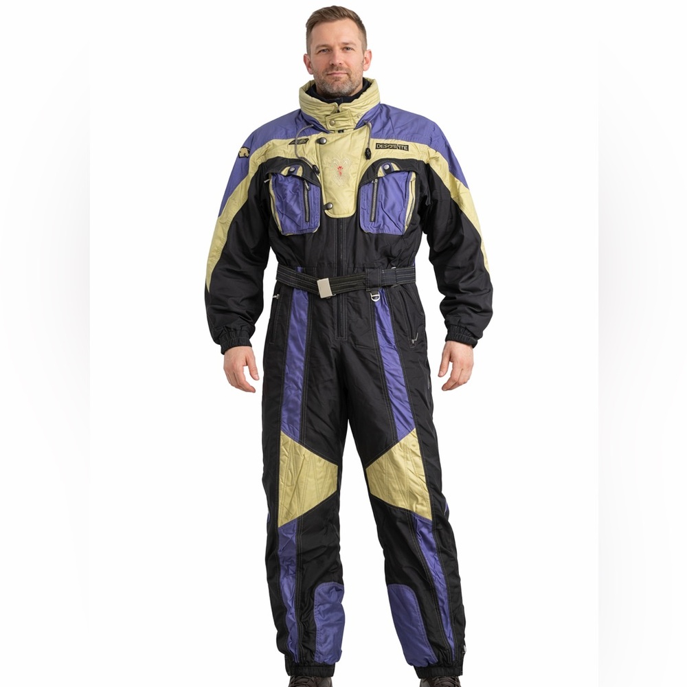 Descente Vintage Ski Suit Black Silver Purple Mens XL One Piece Snowsuit